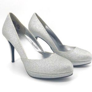 Fioni Jive Platform Round Toe Silver Glitter Pumps Heels Shoes Size 7